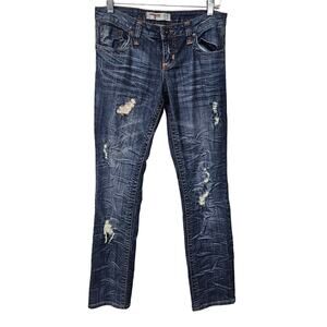 T Five Denim Low Waisted Distressed Straight Jeans Blue Washed Cotton Womens 9